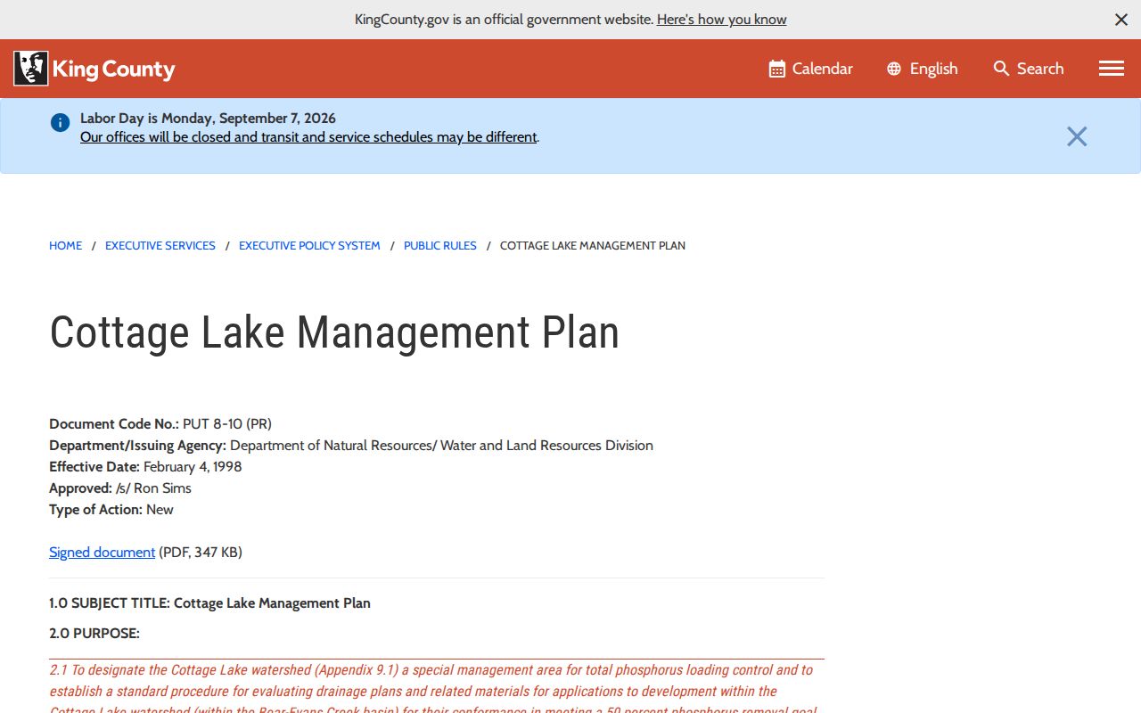 Cottage Lake residents directory watershed policy