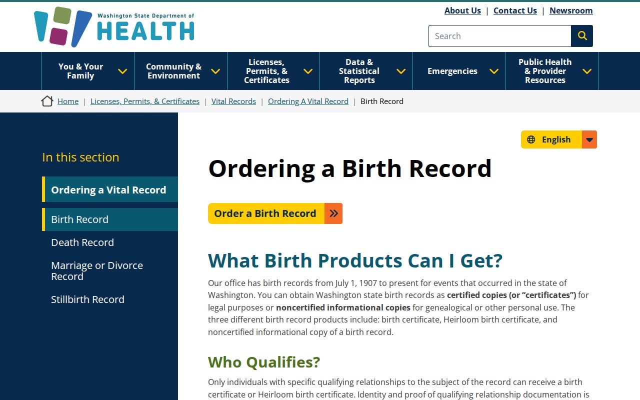 Cottage Lake resident records Washington birth certificate eligibility page