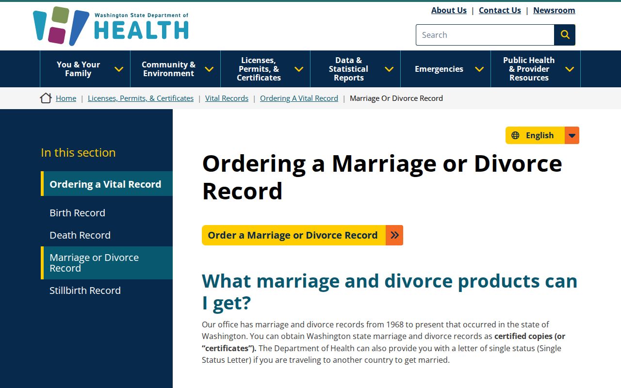 Cottage Lake resident lookup marriage and divorce certificate page
